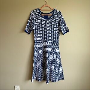 Talbots Blue and White Thick Knit Geometric Midi Dress S